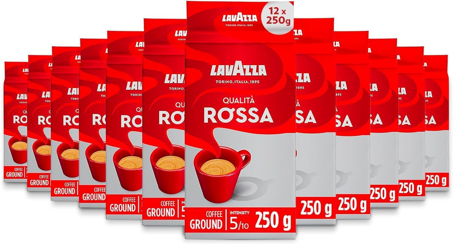 Lavazza, Qualità Rossa, Ground Coffee, 12 Packs of 250 g, Ideal for Moka Pots, with Aromatic Notes of Chocolate and Dried Fruits, Arabica and Robusta, Intensity 5/10, Medium Roasting