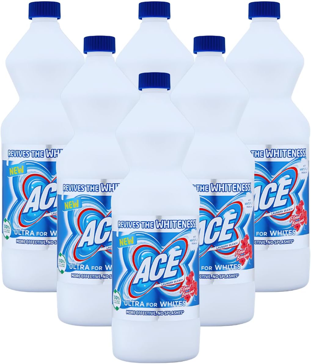 Ace Ultra Laundry Bleach for White Garments, Clothes Stain Remover, 6 x 1L Pack