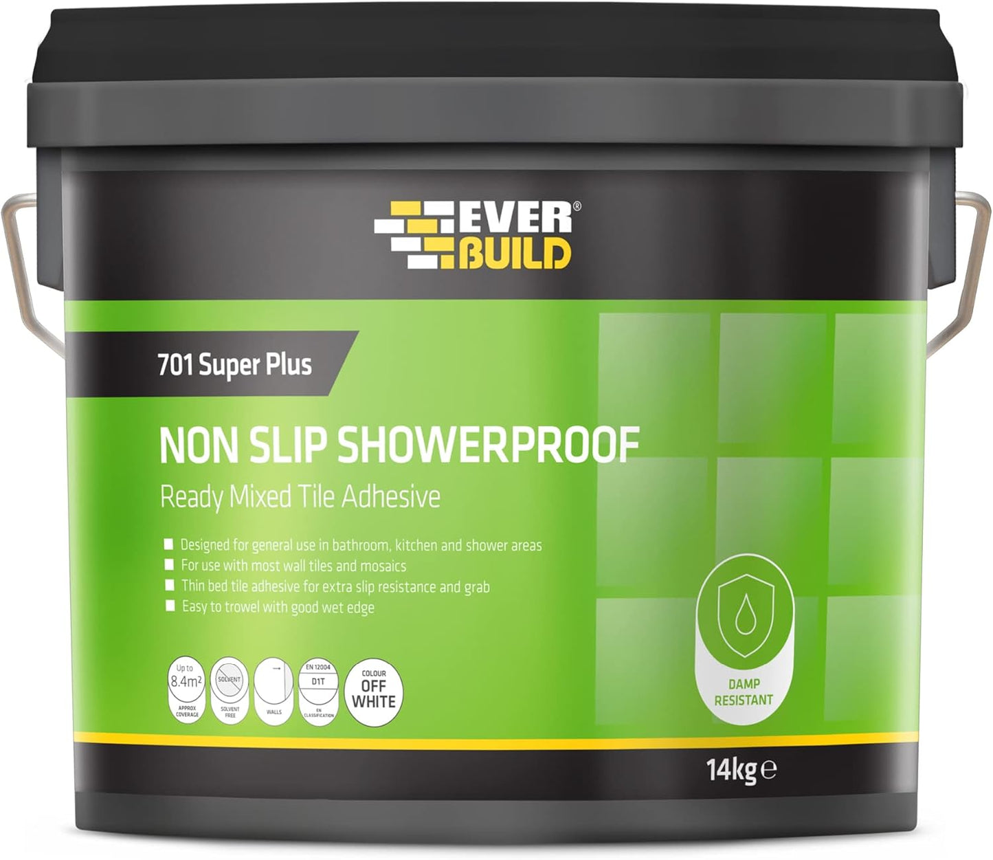 Everbuild 701 Non Slip Tile Adhesive – Ready Mixed – Acrylic Based – Easy To Apply – High Strength – White – 14kg