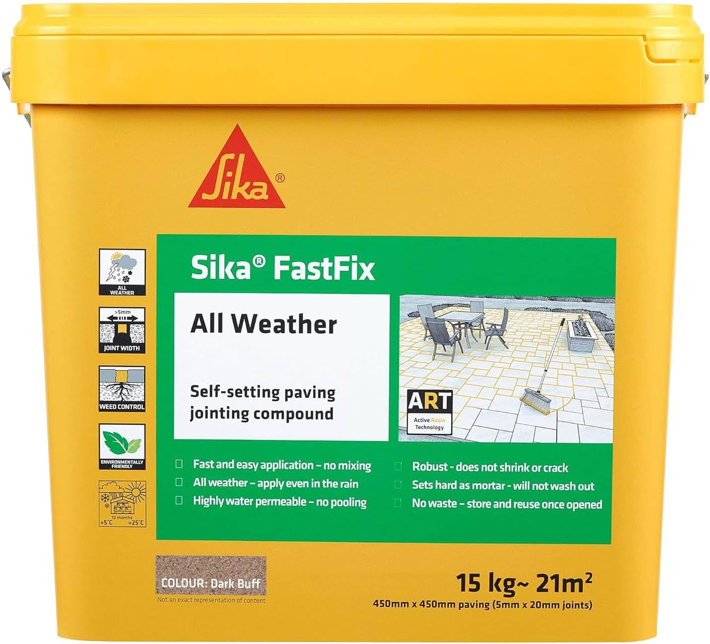 Sika – FastFix All Weather Self-Setting Paving Jointing Compound – Ready To Use – No Mixing Required – Dark Buff – 15kg – 21 sq. m