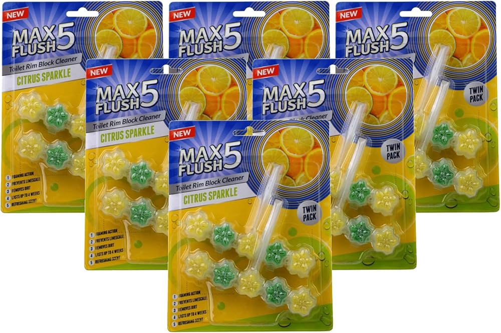 6X Max Flush 5 Citrus Sparkle Toilet Rim Block Cleaner (Twin Pack)