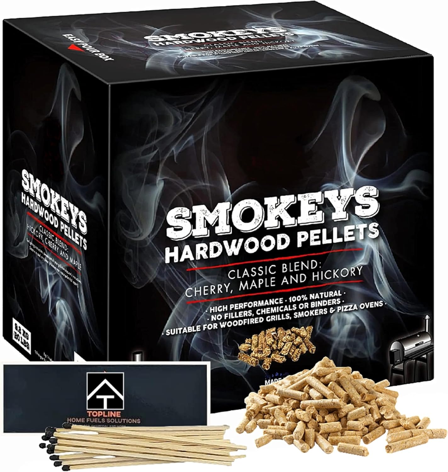 Premium Smokey's BBQ Hardwood Pellets - 9 kg Box of 100% Natural Classic Blend Cherry, Maple & Hickory Wood Pellets with Topline Card for Woodfire Grills, Smokers & BBQ Charcoal, Pizza Oven