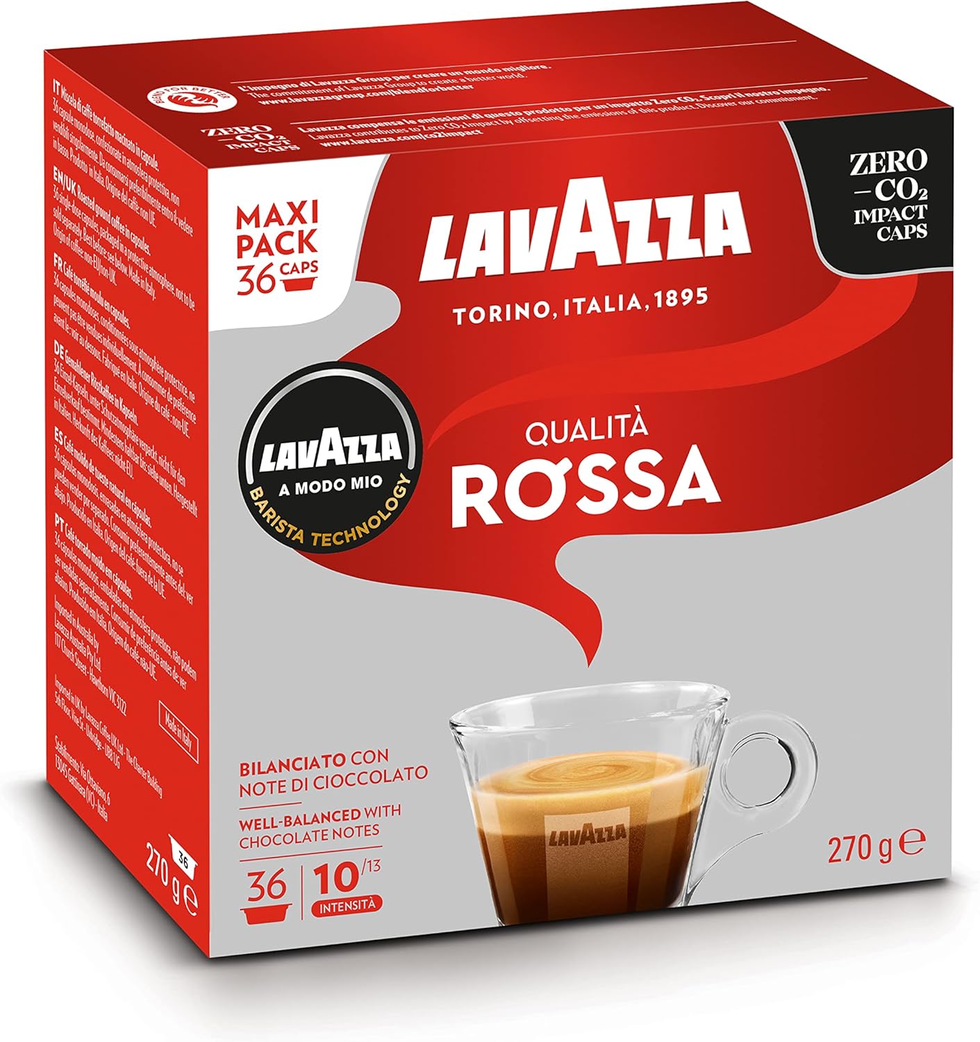 Lavazza, A Modo Mio Qualità Rossa, Coffee Capsules, Arabica and Robusta, Full and Sustained Taste, Intensity 10/13, Medium Roasting, Perfect for a 40ml Espresso, Compostable, 36 Espresso Pods