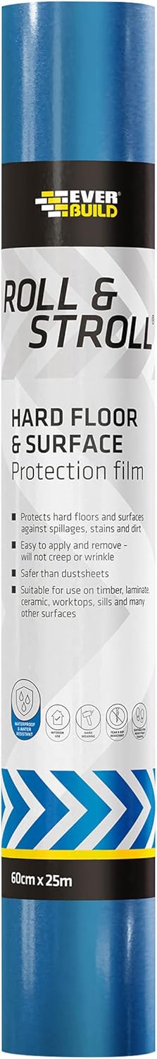 Everbuild Roll & Stroll Hard Surface Protector – Self-Adhesive – Totally Waterproof – Transparent Blue – 600mm x 75m Roll