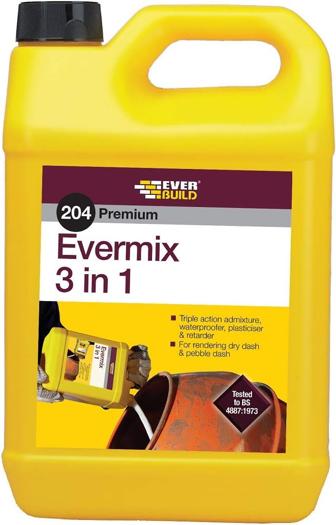 Everbuild 204 Premium Evermix 3 in 1 Triple Action Mortar Admixture – Waterproofs – Plasticises and Retards to Assist Workability – 5 Litre