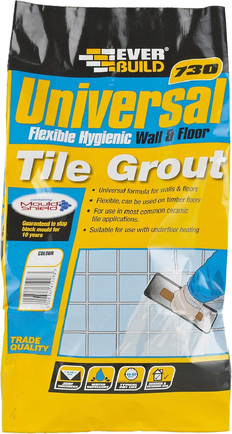 Everbuild 730 Universal Flexible Hygienic Wall and Floor Tile Grout – For Use With Joints Up to 15mm wide – White – 5kg
