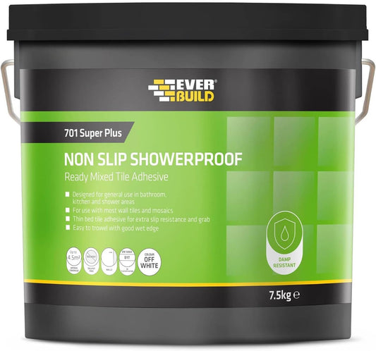Everbuild 701 Non Slip Tile Adhesive – Ready Mixed – Acrylic Based – Easy To Apply – High Strength – White – 7.5kg