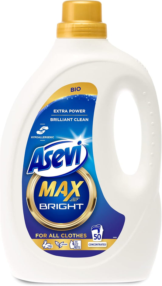Asevi Max, Hypoallergenic Bio Laundry Detergent, Concentrated Liquid Laundry Cleanser, Bright, 2.5L, 50 Washes
