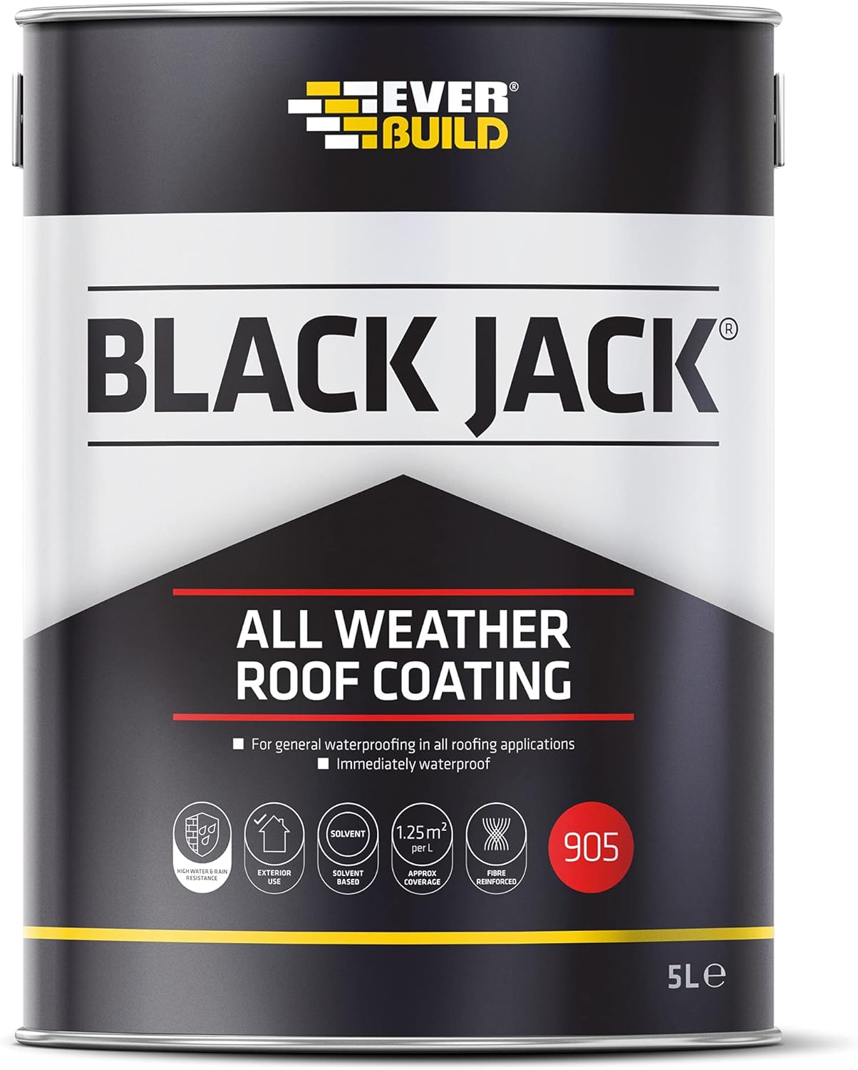 Everbuild Black Jack 905 – All Weather Roof Coating – Solvent-Based – Fibre-Reinforced – Fast Drying – Weatherproof – Black – 5 Litre