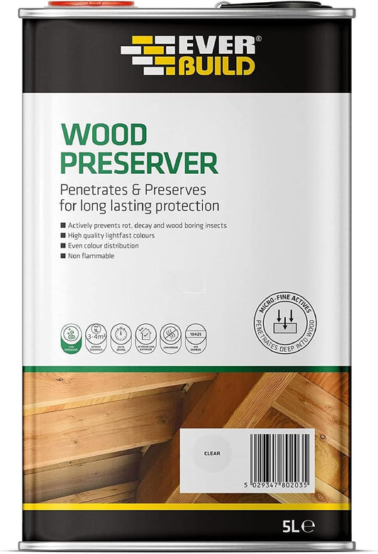 Everbuild Wood Preserver – Interior And Exterior Use – Low Odour – Quick Drying – Long Lasting Protection – Clear – 5 Litres