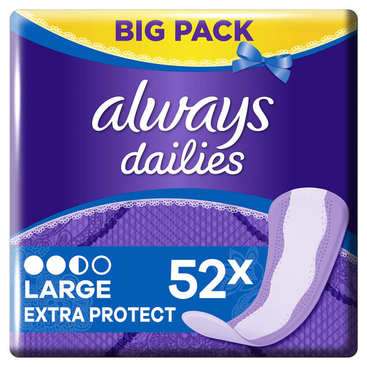 Always Dailies Extra Protect Panty Liners Large x 52, Breathable, Flexible And Comfortable with Absorbent Core