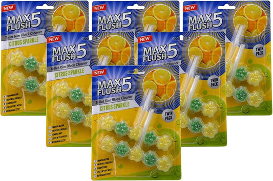 6X Max Flush 5 Citrus Sparkle Toilet Rim Block Cleaner (Twin Pack)