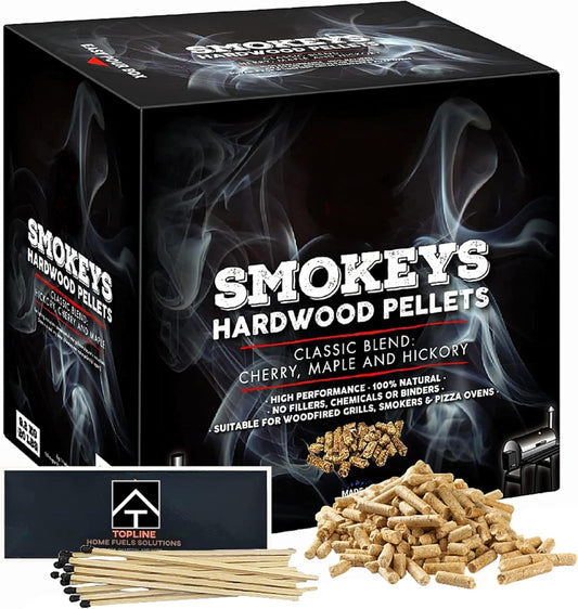 Premium Smokey's BBQ Hardwood Pellets - 9 kg Box of 100% Natural Classic Blend Cherry, Maple & Hickory Wood Pellets with Topline Card for Woodfire Grills, Smokers & BBQ Charcoal, Pizza Oven