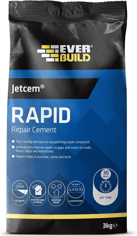 Everbuild Jetcem Rapid Repair Cement | Strong & Easy to Use Patching Repair Compound - Suitable for Repairs Gaps and Cracks - Grey, 3 kg