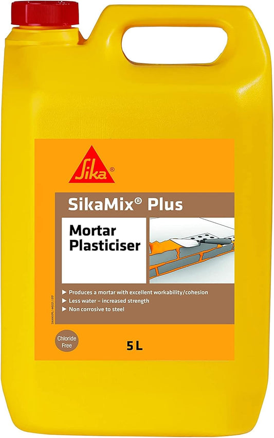 Sika SikaMix Plus Chloride Free Mortar Plasticiser – Mortar Admixture – Improves Adhesion – Reduces Cracking – Ready To Use – 5 Litre, Light Brown