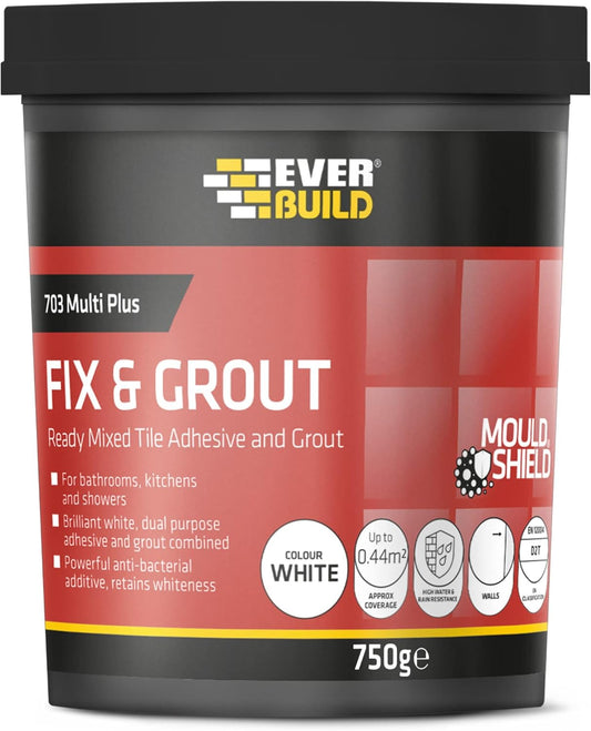 Everbuild 703 Fix And Grout Tile Adhesive – Ready Mixed – Anti-Mould – Water Resistant – High Strength – Brilliant White – 750g